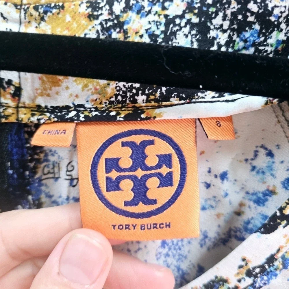 Tory Burch‎ 100% Silk Abstract Print Long Sleeve Top Size 8 Multi-Color Blouse